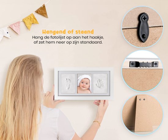 Frummel Fotorahmen Baby (33 x 18 cm) - Tonabdruck (Gipsabdruck Baby) - Besser als Gipsabdruck - Hand-Fuß-Abdruck - Mutterschaftsgeschenk Mädchen / Mutterschaftsgeschenk Junge - Weihnachtsgeschenk