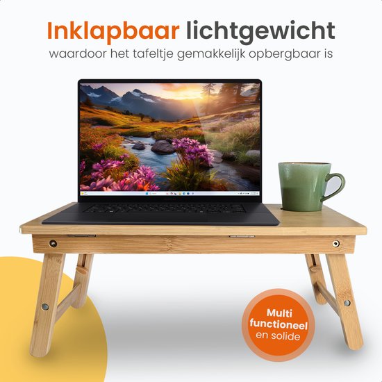 Goliving Laptop-Tisch - Ausklappbar auf 39 cm Höhe - Verstellbare & klappbare Arbeitsfläche - Ergonomischer Laptop-Tisch - Bank-Tisch - Bett-Tisch - Laptop-Ständer - Holz
