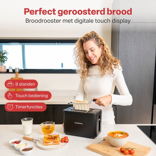AoraKitchen Toaster - Mit Toastklammern - 6 Heizstufen - LED-Bildschirm - Timer - Schwarz
