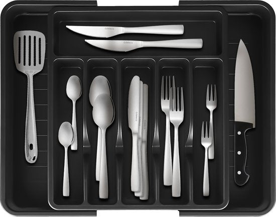 Deleca Ausziehbarer Besteckeinsatz mit 8 Fächern - Besteckschubladen-Organisator - Küchenschubladen-Besteckorganisation - Besteckhalter Küche - 57 x 38 cm - Kunststoff / Schwarz