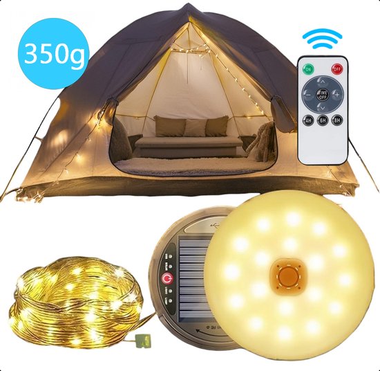 Tech Essentials Solar Camping Light String - 100LEDs - 10M - Warm-Weiß-Licht - Zelt Licht - USB aufladbar - Mit Fernbedienung - Einziehbar - Camping Licht - Solar Pendelleuchte - Notfall