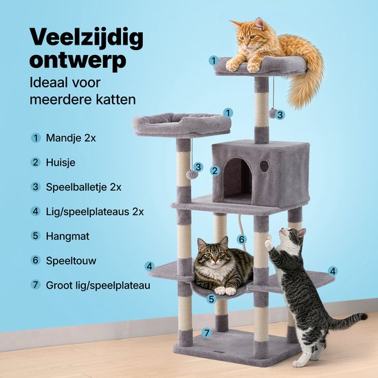 Jake und Jacky Kratzbaum für Katzen – Katzenkratzbaum – Kratzmöbel – Katzenbaum – Kratzbäume – Katzenhaus – Hellgrau – 147 cm hoch