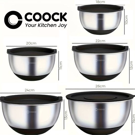 COOCK Edelstahl Rührschüsselset mit Deckel - Bratschüsseln mit Deckel - Vorratsschüssel mit Reibe - Schüssel für Salate & Mischungen - 22-teiliges Set 1,5 bis 5 Liter - Inkl. Messlöffel