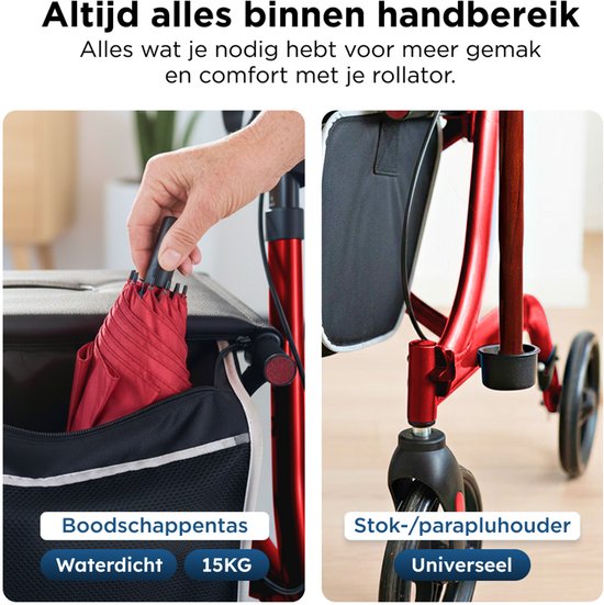 Medzone Rollator leicht und faltbar - Sitzfunktion - für drinnen und draußen - Rückenlehne und Gehstockhalterung - Champagner - Rot