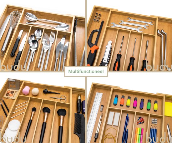 Budu Extendable Bamboo Cutlery Tray #38 (38 cm tief) - Besteckkassette Holz - Besteckschublade - 38 x 29,5 - 47,8 cm - 5/7 Fächer