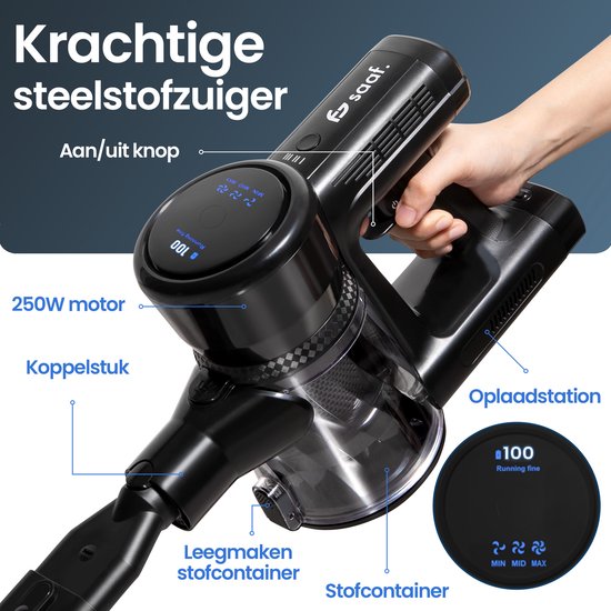 Saaf G100 Stabstaubsauger - 9-teiliges Set mit biegbarem Griff - 35.000Pa - Staubsauger ohne Beutel - 250W - Kabellos - Schwarz