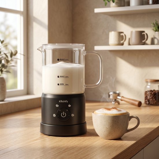 Kitchify Milchschaumer aus Glas – Elektrischer Milchschaumer – Mit Ausgießer – 4-in-1 – Milk Frother – Schwarz