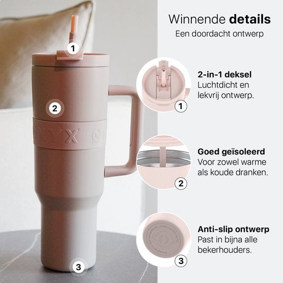 ONYX Trinkflasche mit Strohhalm 1 Liter - Wasserflasche für Kinder & Erwachsene - Thermosbecher Edelstahl Reisebecher - Motivations-Trinkbecher - Trinkbecher für die Schule - Candy Pink