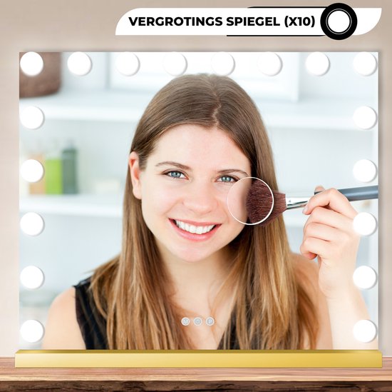 Bayt Hollywood Spiegel mit Beleuchtung - Make-up Spiegel mit Beleuchtung - Spiegel mit Beleuchtung - Hollywood Spiegel 80x60 - dimmbar - 10x Vergrößerung - 80x60cm - Gold
