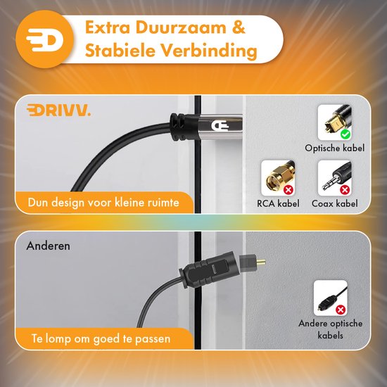 Drivv. Optisches Premium Toslink-Kabel - Optisches Audiokabel - Soundbar - Stecker zu Stecker - 3 Meter - Schwarz