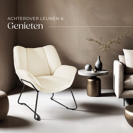 tectake Lounge Chair - Runder Sessel - Teddy Chair - Polstersessel - Bouclé-Polsterung - Plüsch-Lesesesessel - Skandinavischer Stil - cremeweiß