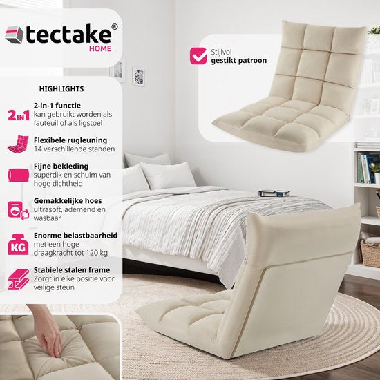 tectake Relaxsessel - Liegesessel - XXL-Bodensessel - klappbar mit Liegefunktion - Bodensessel mit verstellbarer Rückenlehne - als Sessel, Sitzkissen, Bodenkissen, Liegesessel oder zur Meditation verwendbar - Beige