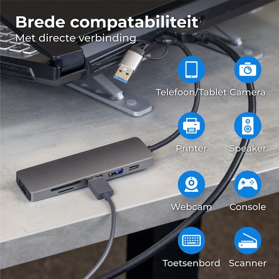 Nuvance - USB-C-Hub 3.0 - 5 Anschlüsse - USB-Splitter - USB-C-Dock - Micro SD-Kartenleser USB C - Grau