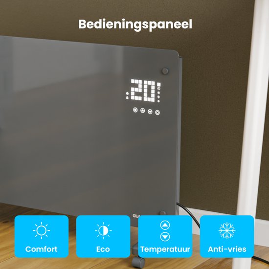 Auronic Electric Heater - Konvektor-Heizung mit Thermostat und Fernbedienung - Glasheizung - 2500W Heizung - Grau