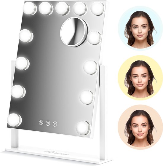 Mirlux Make Up Hollywood-Spiegel mit Beleuchtung (44x30cm) - Vision - Dimmbare LED-Birnenbeleuchtung - 13 Lampen - Weiß