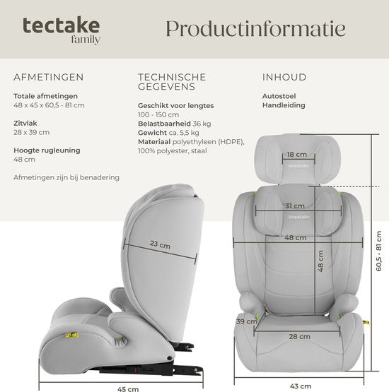 tectake® Autokindersitz i-Size Approved - ISOFIX Autositz bis 36 kg - Sicherheit und Komfort für Kinder- YB805A - hellgrau