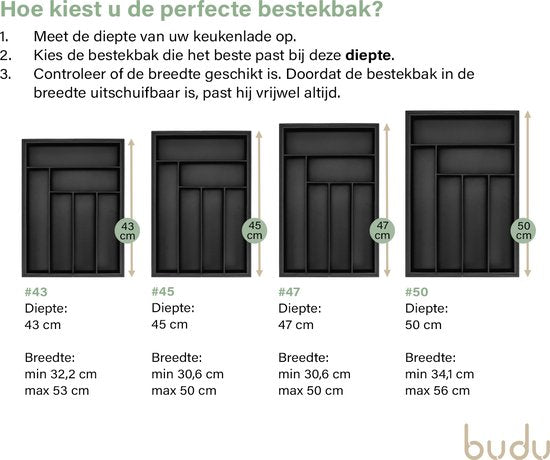 Budu Extendable Bamboo Cutlery Tray #47 (47 cm tief) - Schwarz - Besteckkassette Holz - Besteckschublade - 47 x 30.6 - 50 cm - 6/8 Fächer