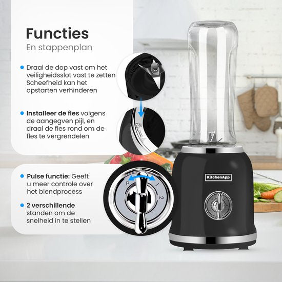 KitchenApp Blender to go - Retro-Mixer - Smoothie-Maker - Inklusive zwei Bechern und diversem Zubehör - Schwarz