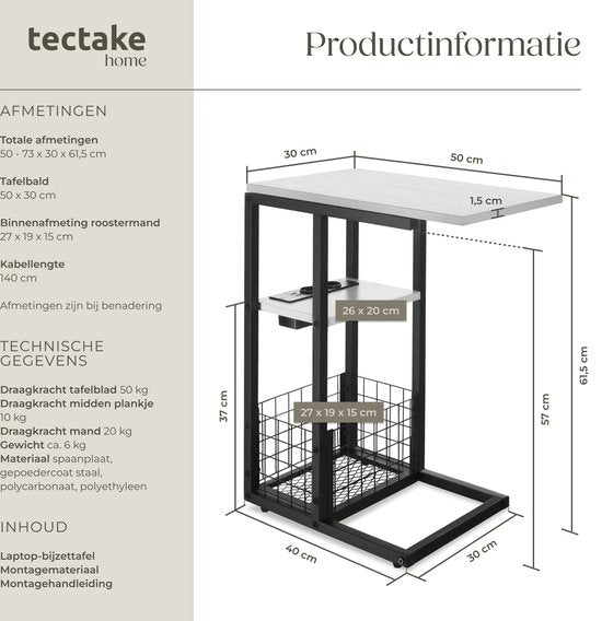 tectake Laptoptisch mit Ladestation - Inkl. Steckdose - C-förmiger Computertisch - Beistelltisch - Nachttisch - Mit Zeitungsständer und extra Ablage - Weiß