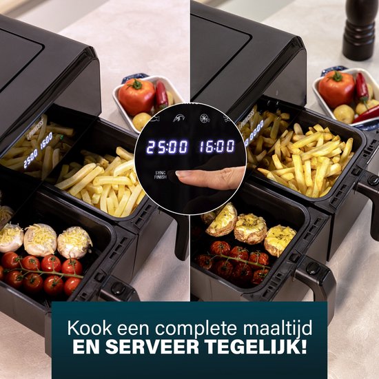 Princess Doppelkörbchen Airfryer 182068 - Doppel-Heißluftfritteuse - 2 Körbe Ã¡ 4 Liter - 8 vorprogrammierte Programme - Touchscreen - Schwarz