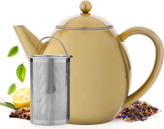 Vaja® Teekanne Valerie Gold - Doppelwandig - 1,2 Liter - Edelstahl-Teekanne mit Filter & Heißhalterung