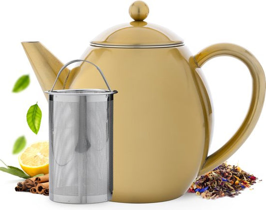 Vaja® Teekanne Valerie Gold - Doppelwandig - 1,2 Liter - Edelstahl-Teekanne mit Filter & Heißhalterung