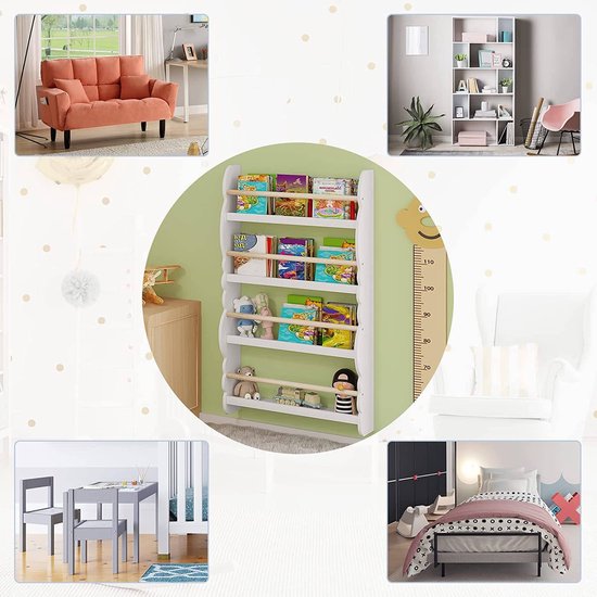 Woltu Kinder-Wandbuchregal 98x60x14,5 cm Grün oder Weiß mit Eichenoptik - Montessori-Aufbewahrungsregal für das Kinderzimmer