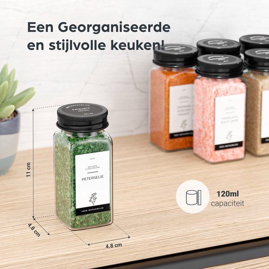 Organess 28 Glasgewürzdosen quadratisch mit schwarzem Deckel - 3 Arten von Streudeckeln - Gewürzstreuer - Gewürzdosen - Komplettset inkl. Gewürzsticker, Kreidestift und Zubehör - 120ml