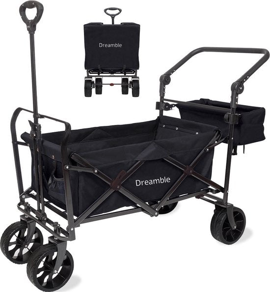 Dreamble® | Wagon | Grau | Bis zu 140KG | 120L | Zug- und Schiebefunktion | Dicke weiche Bodenmatte 4cm - für Kinder | Extra große Räder Ø20cm | Extra Stauraum | 130x110(LxH) | 2 Taschen außen, 1 Tasche innen mit Reißverschluss | Fußbremse | Schutzhülle