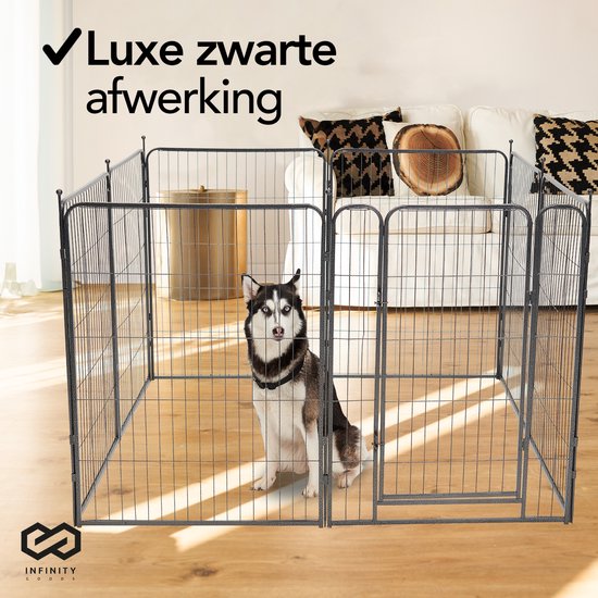 Infinity Goods Hundeauslauf - Welpenauslauf - 8 Paneele - 100 x 80 CM - faltbar - mit Tür - Stahl - Schwarz