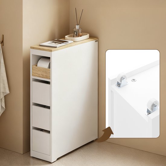 SoBuy Toilettenschrank 20 cm, Badezimmerschrank mit 3 Schubladen, kleiner Toilettenpapierschrank, mobiles Regal für Bad, WC und Küche, weiß, 60 x 20 x 82,3 cm
