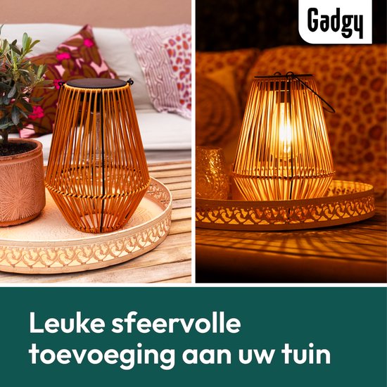 Gadgy Solar-Gartenleuchte Rattan Braun - Solar-Gartenleuchte - Solar-Tischleuchte mit USB-Anschluss - Außenleuchte Gartenstatue - Gartenlaterne mit Tag/Nacht-Sensor - Beleuchtung für draußen - Laterne Garten