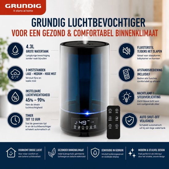 Grundig Luftbefeuchter HD-1903A – Ultraschall-Luftbefeuchter 4,3 l – mit Timer und Nachtlicht – inkl. Fernbedienung – Schwarz