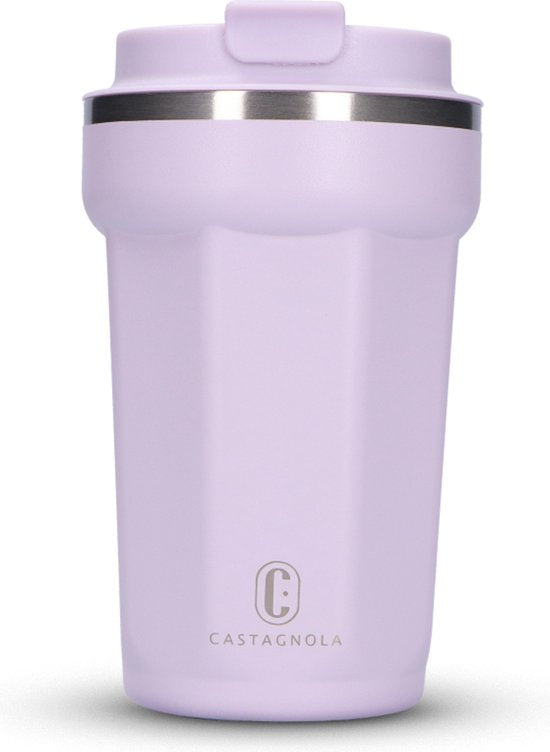 Castagnola Thermos Cup - Kaffeebecher To Go - Reisebecher für Kaffee und Tee - Teebecher - 380 ML - Edelstahl - Hellviolett - Achteck