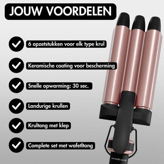 Sansbeauté® 7 in 1 Lockenstab - Mit Klemme und Waffelzange - Keramik-Lockenstab - 13mm bis 38mm - Für kurzes Haar - Wärmebürste - Lockenzange - Thermobürste - Haarstyler