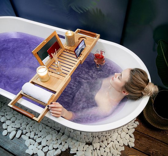 RelaxTub® Badeboard - Badeboard für die Badewanne - Badregal - Verstellbar - Rutschfest - Badeboard Bambus - Badeboard Holz - Badregal mit Buchhalter, Tablet-Halter & Spiegel