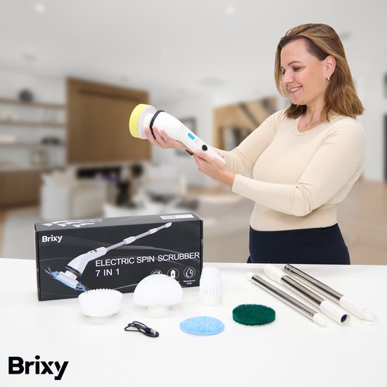 Brixy Elektrische Reinigungsbürste - Ausziehbare Schrubberbürste - Kabellos - 8 Aufsätze - Schrubber - Weiß
