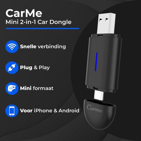 CarMe Mini 2-in-1 CarPlay Dongle - USB-A & USB-C - Drahtloses CarPlay & Android Auto - Android Auto Dongle - Schwarz