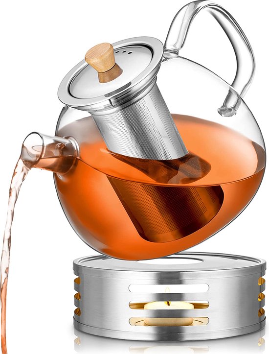 Deleca Teekanne aus Glas mit Filter und Teelichtwärmer-Set - Borosilikatglas - Edelstahlsieb - Weihnachtsgeschenk - für losen Tee / Teeblumen - 1.5L