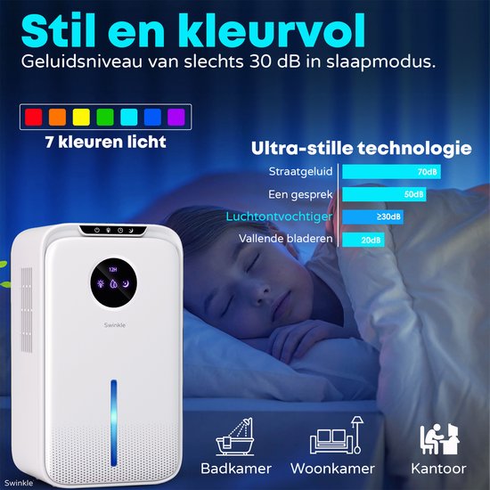 Swinkle Luftentfeuchter - 2.5L - Entfeuchtet bis zu 1L pro Tag - Mit Ionisator & 7-Farben LED - Leise & Energieeffizient - Für Schlafzimmer, Bad & Wohnzimmer - Weiß
