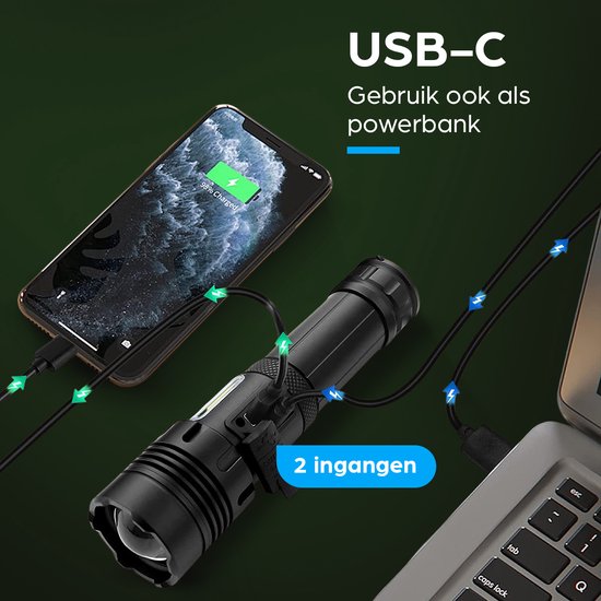 Exortus® Wiederaufladbare LED-Taschenlampe – 5000 Lumen – Langlebig und wasserdicht – 26650-Akku – COB-Beleuchtung – Aufbewahrungsbox – Holster