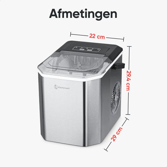 Kitchenwell Eiswürfelbereiter - 1.3L - Eiswürfelbereiter - Eisportionierer - 12kg/24 Stunden - Tragbar - Selbstreinigungsfunktion - Edelstahl