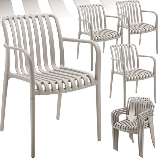 tectake® 4er Set Gartenstühle Alcudia - Taupe - Kunststoffstühle mit Armlehne - Stapelbar - Stühle für Garten, Terrasse oder Balkon - Wetterfest und UV-beständig - Belastbarkeit 120kg pro Gartenstuhl