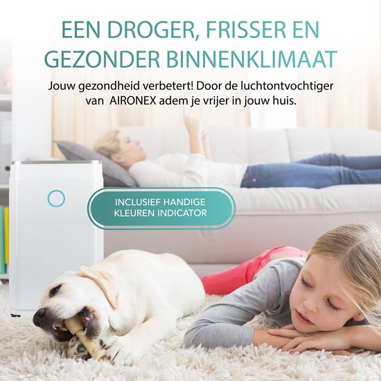 Aironex - Luftentfeuchter und Luftreiniger - 20 l Fassungsvermögen & mit Wasch-Trocken-Funktion - extrem leise mit Led-Anzeige - für Wohnzimmer und Schlafzimmer - weißer Kunststoff