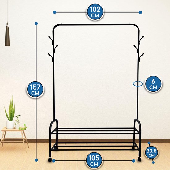 Vonia Kleiderständer 157 x 34 x 105 cm - Kleiderständer auf Rädern - Kleiderständer mit Schuhregal - Kleiderständer Metall - Garderobenständer - Schwarz