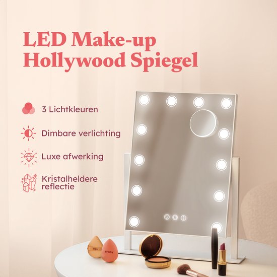 Fraay® Hollywoodspiegel mit Beleuchtung 41x30cm - 3 Lichtstufen - Schminkspiegel mit 10-facher Vergrößerung - LED-Spot-Beleuchtung dimmbar - inkl. Beauty Blender und Puderquaste