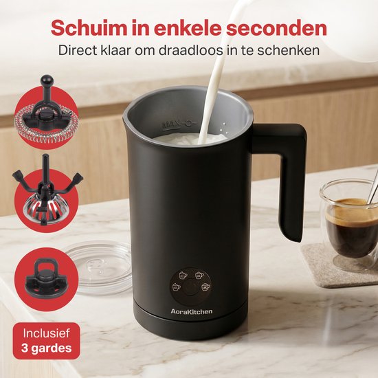 AoraKitchen Milchaufschäumer – 300 ml – Milchaufschäumer – Edelstahl – elektrisch – 4-in-1 – Antihaftbeschichtung – 500 W