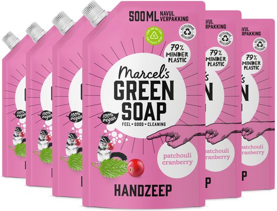 Marcel's Green Soap Handseife Nachfüllpackung – Patchouli & Cranberry – 6 x 500 ml