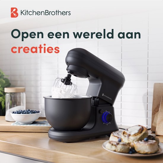 KitchenBrothers Küchenroboter - Küchenroboter - 5L - Mixer mit Rührschüssel - Küchenmixer - 1200W - Mattschwarz