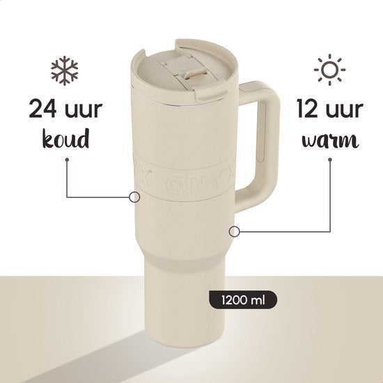 ONYX Trinkflasche mit Strohhalm 1,2 Liter - Wasserflasche für Kinder & Erwachsene - Thermosbecher Reisebecher - Motivationstrinker - Trinkbecher für die Schule - Beige